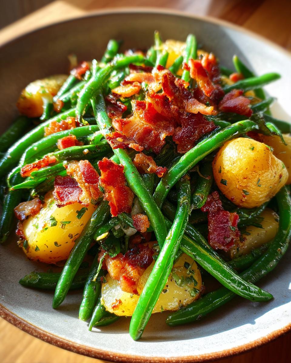 Nahaufnahme von Speckbohnen mit Butterkartoffeln, garniert mit knusprigem Speck und Kräutern.
