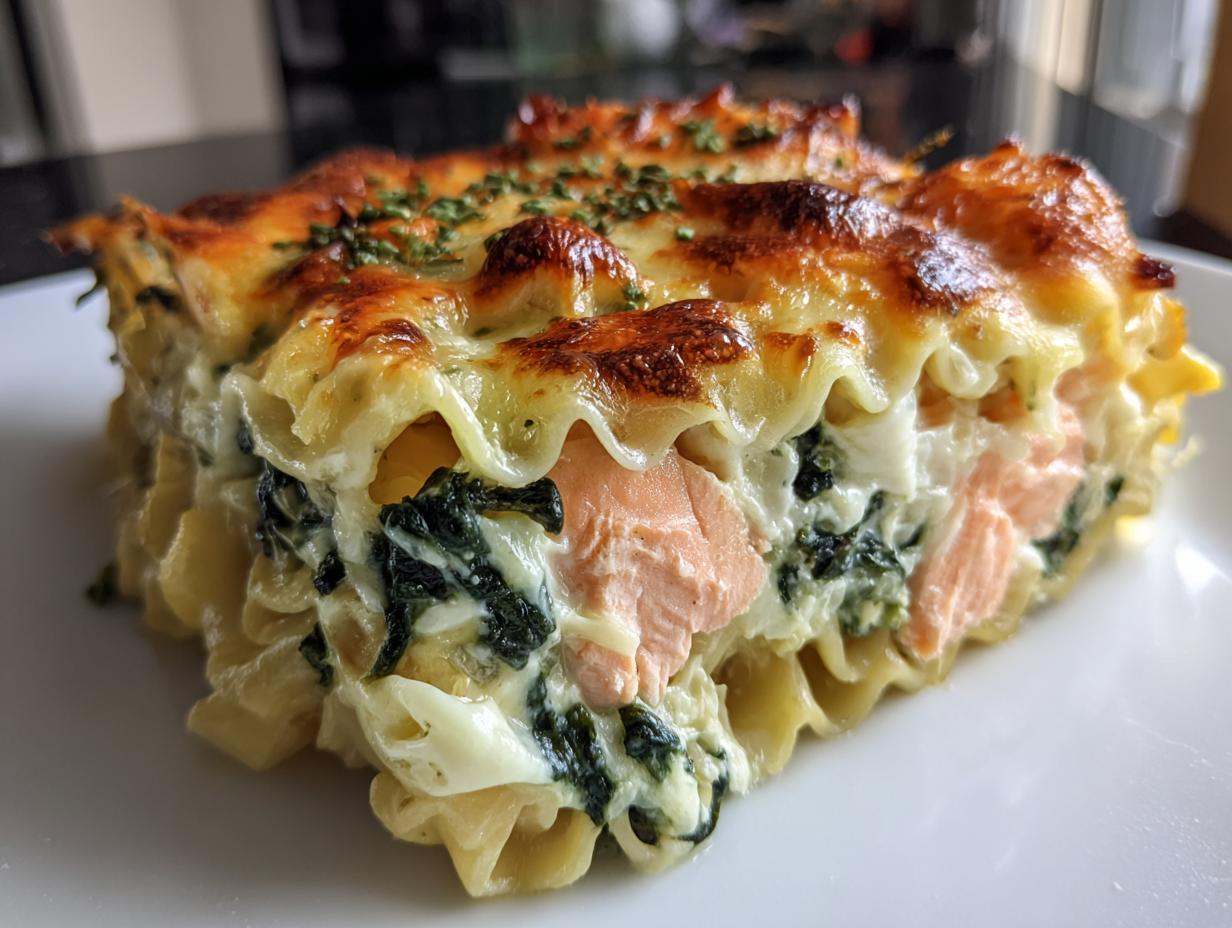 Nahaufnahme einer Scheibe Spinat-Lachs-Lasagne mit geschmolzenem Käse und Lachs.