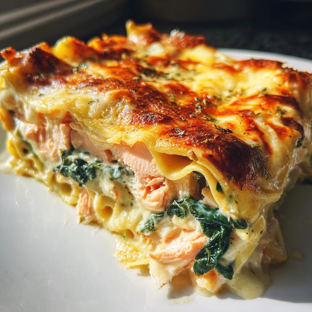 Nahaufnahme eines Stücks Spinat-Lachs-Lasagne mit geschmolzenem Käse und zarten Lachsflocken.