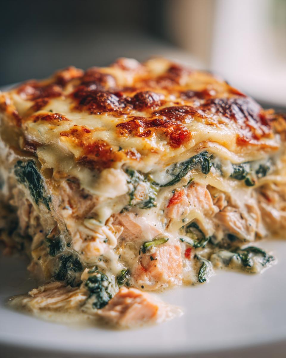 Nahaufnahme einer Scheibe Spinat-Lachs-Lasagne mit geschmolzenem Käse und Lachs.