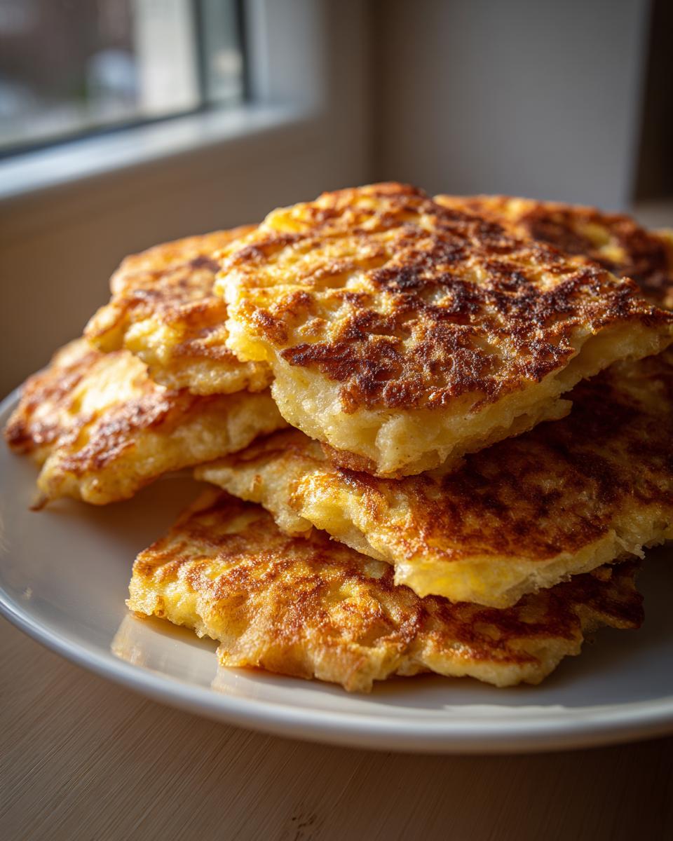 Ein Stapel frisch gebratener Bramboráky – Kartoffelpuffer mit Knoblauch, goldbraun und knusprig auf einem Teller.