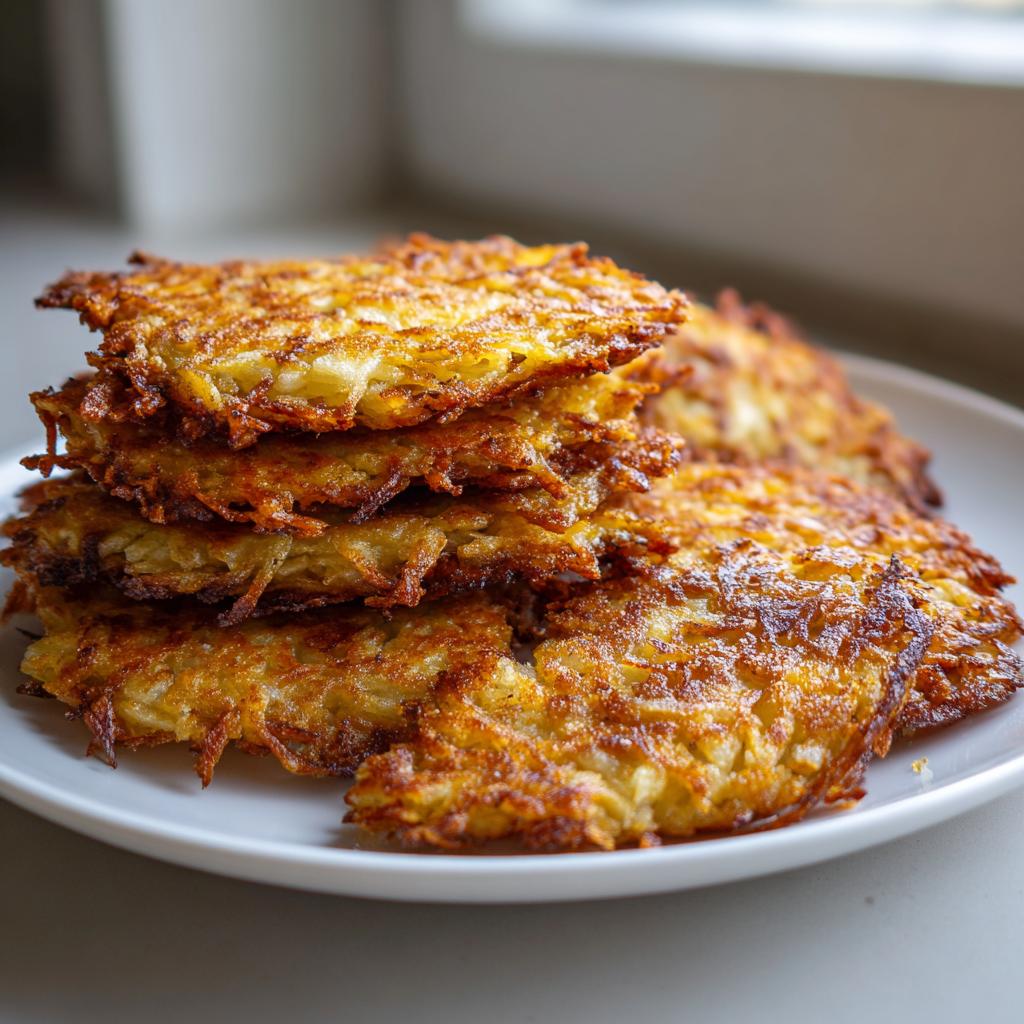 Ein Stapel knuspriger, goldbrauner Bramboráky – Kartoffelpuffer mit Knoblauch – auf einem weißen Teller.