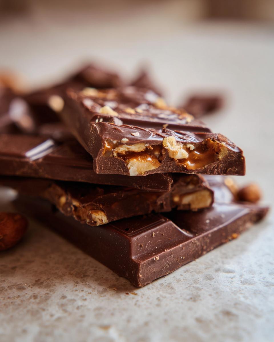 Nahaufnahme von gestapelten Stücken Karamell-Pretzel-Chocolate-Bark mit sichtbarer Karamellfüllung und Nüssen.