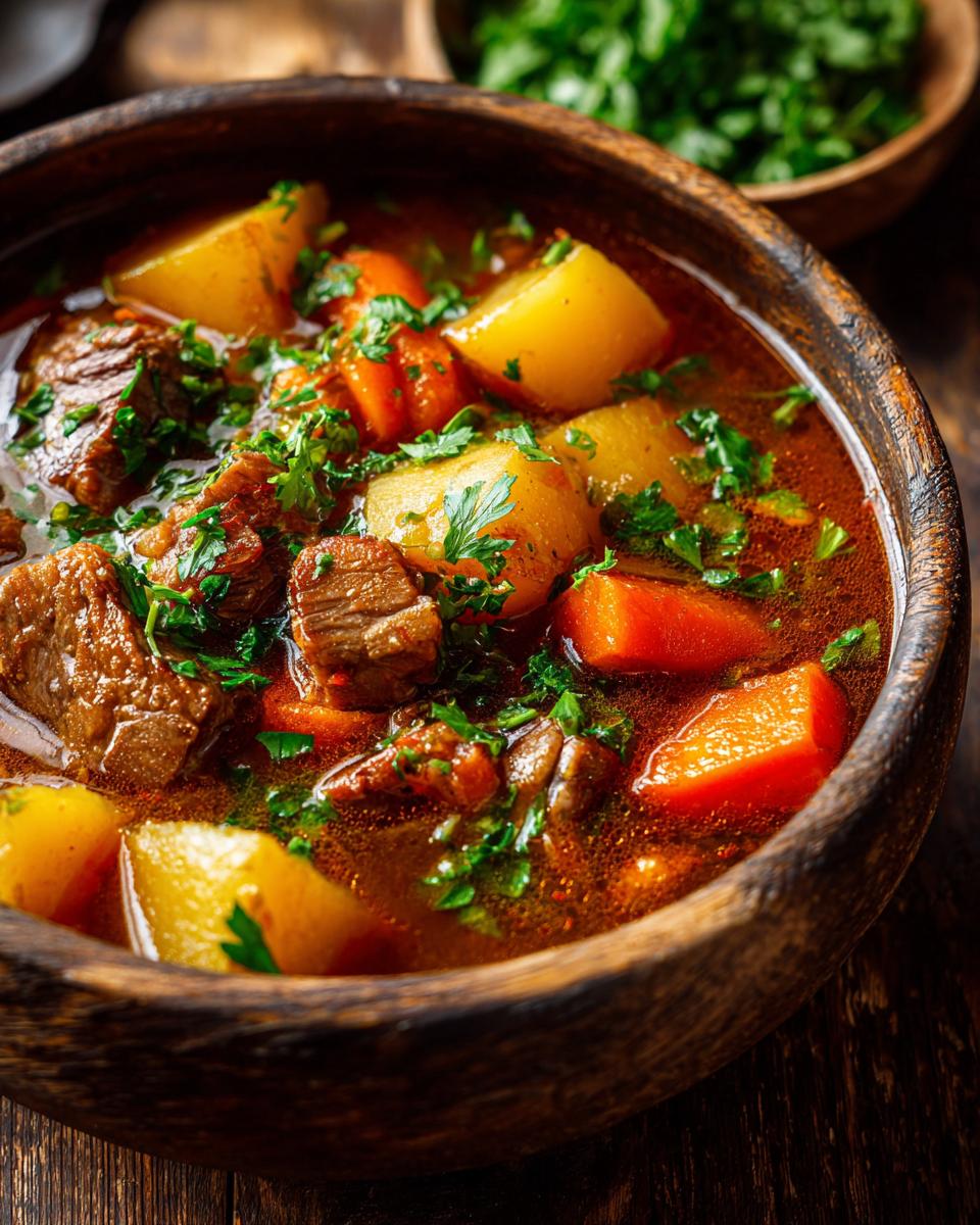Nahaufnahme von einem dampfenden Steckrüben-Eintopf mit zarten Fleischstücken, Kartoffeln und Karotten, garniert mit frischer Petersilie.