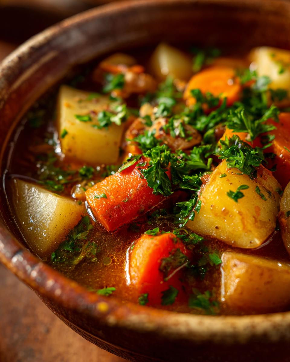 Nahaufnahme eines dampfenden Steckrüben-Eintopfs mit großen Stücken Kartoffeln, Karotten und frischer Petersilie.