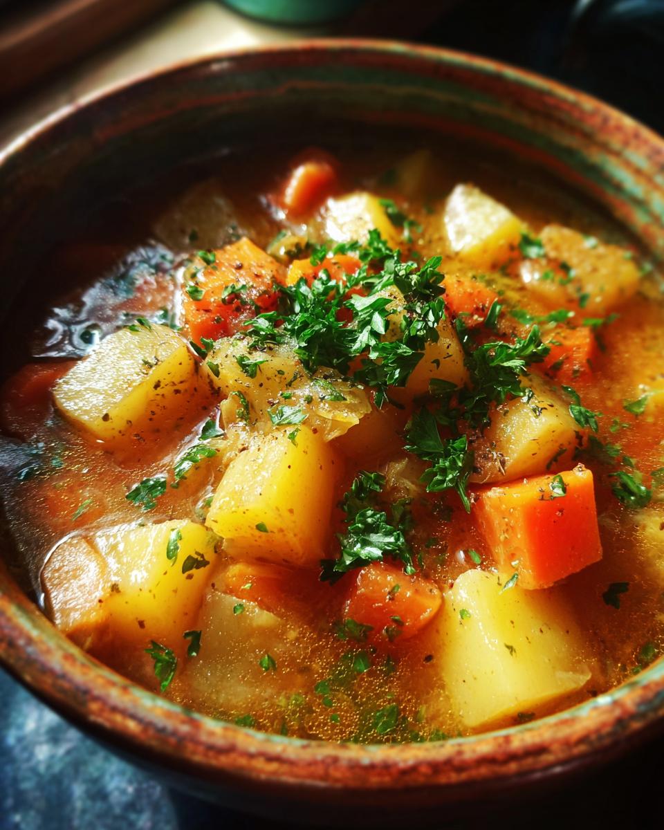 Nahaufnahme eines dampfenden Steckrüben-Eintopfs mit großen Stücken Kartoffeln, Möhren und frischer Petersilie.