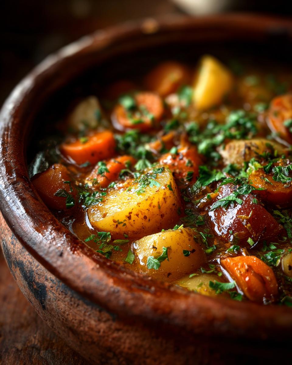 Nahaufnahme eines dampfenden Steckrüben-Eintrags in einem rustikalen Tontopf, garniert mit frischer Petersilie.