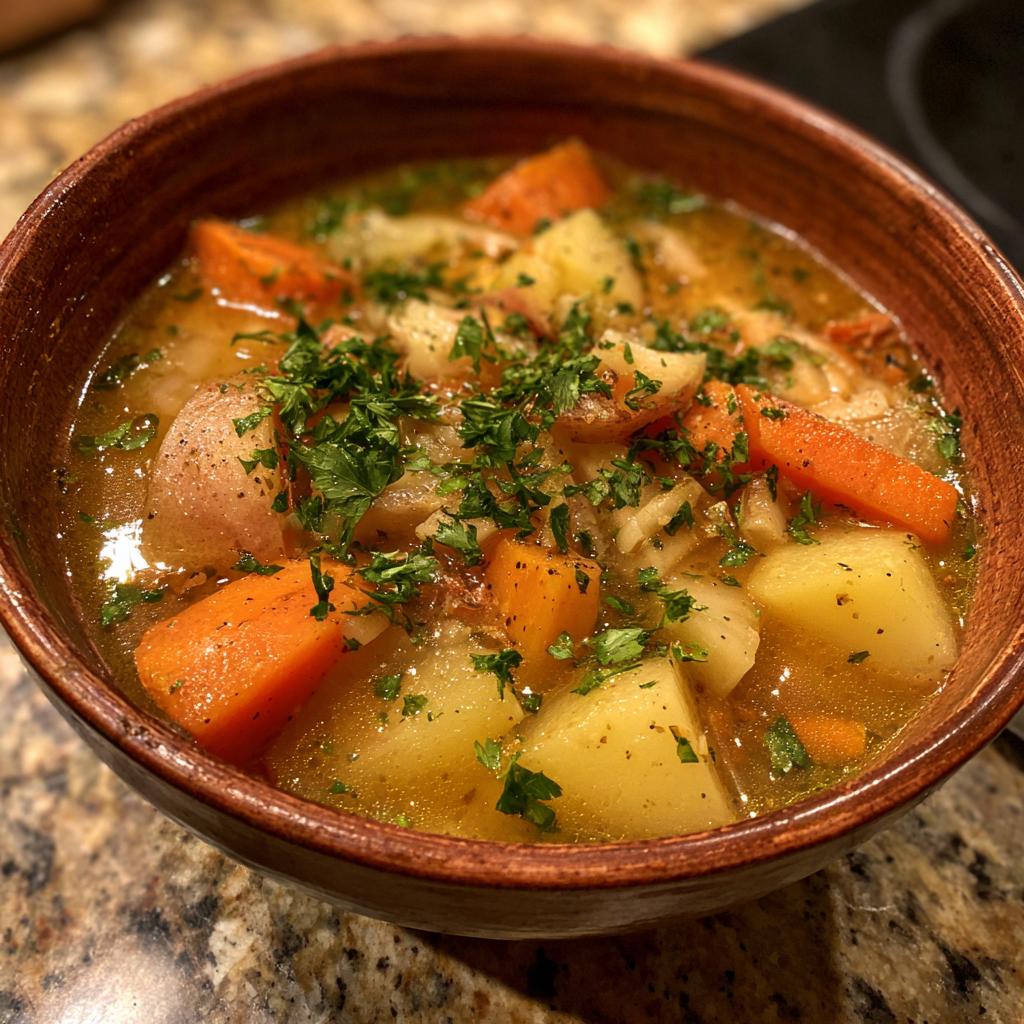 Eine Schüssel mit deftigem Steckrüben-Eintopf, gefüllt mit Kartoffelstücken, Karotten und frischer Petersilie.