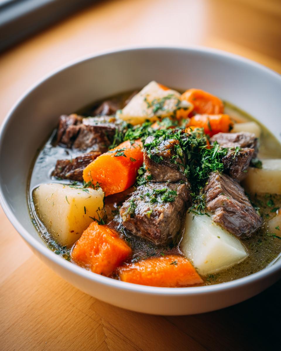 Nahaufnahme von Steirisches Wurzelfleisch mit großen Stücken Fleisch, Karotten und Kartoffeln in einer dunklen Brühe.