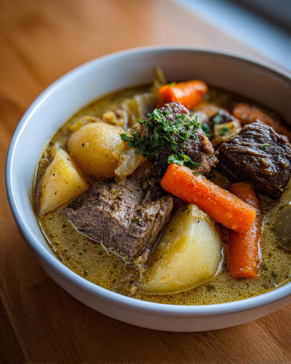 Nahaufnahme von Steirisches Wurzelfleisch mit großen Fleischstücken, Karotten und Kartoffeln in einer gelblichen Brühe.