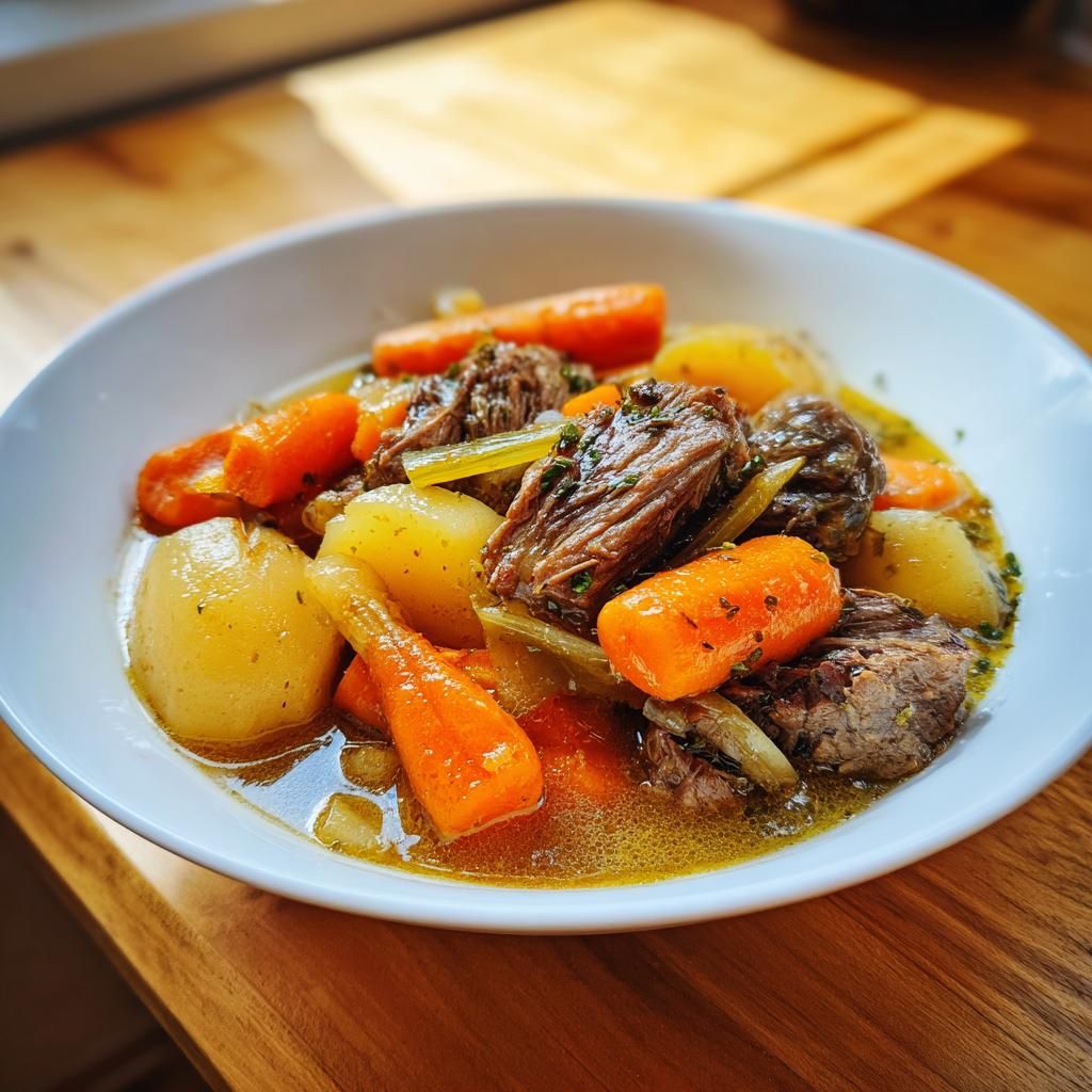 Eine Schüssel mit saftigem Steirisches Wurzelfleisch, Kartoffeln und Karotten in Brühe.