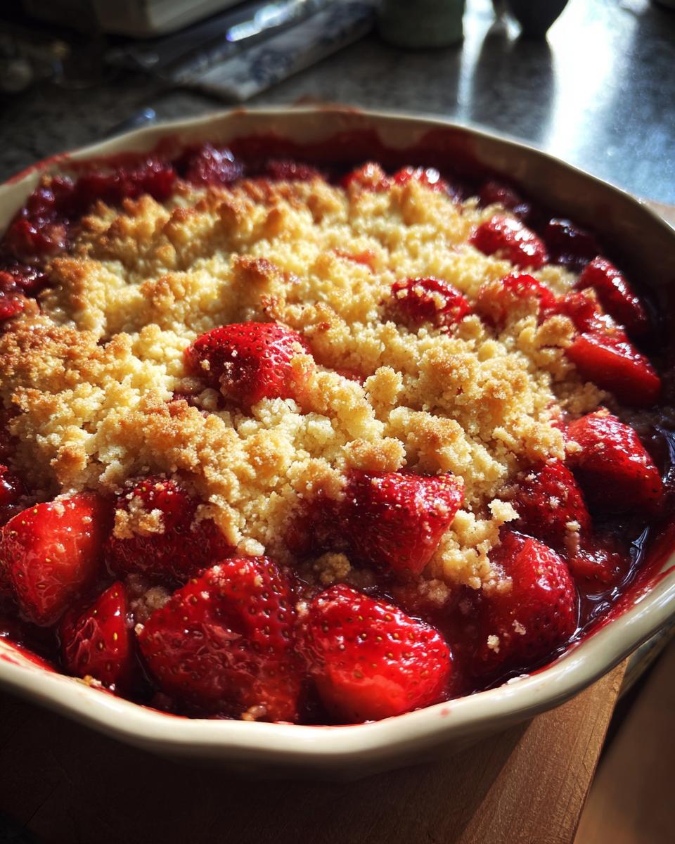 Nahaufnahme eines frisch gebackenen Strawberry Cheesecake Crumble mit saftigen Erdbeeren und goldbrauner Streuselkruste.