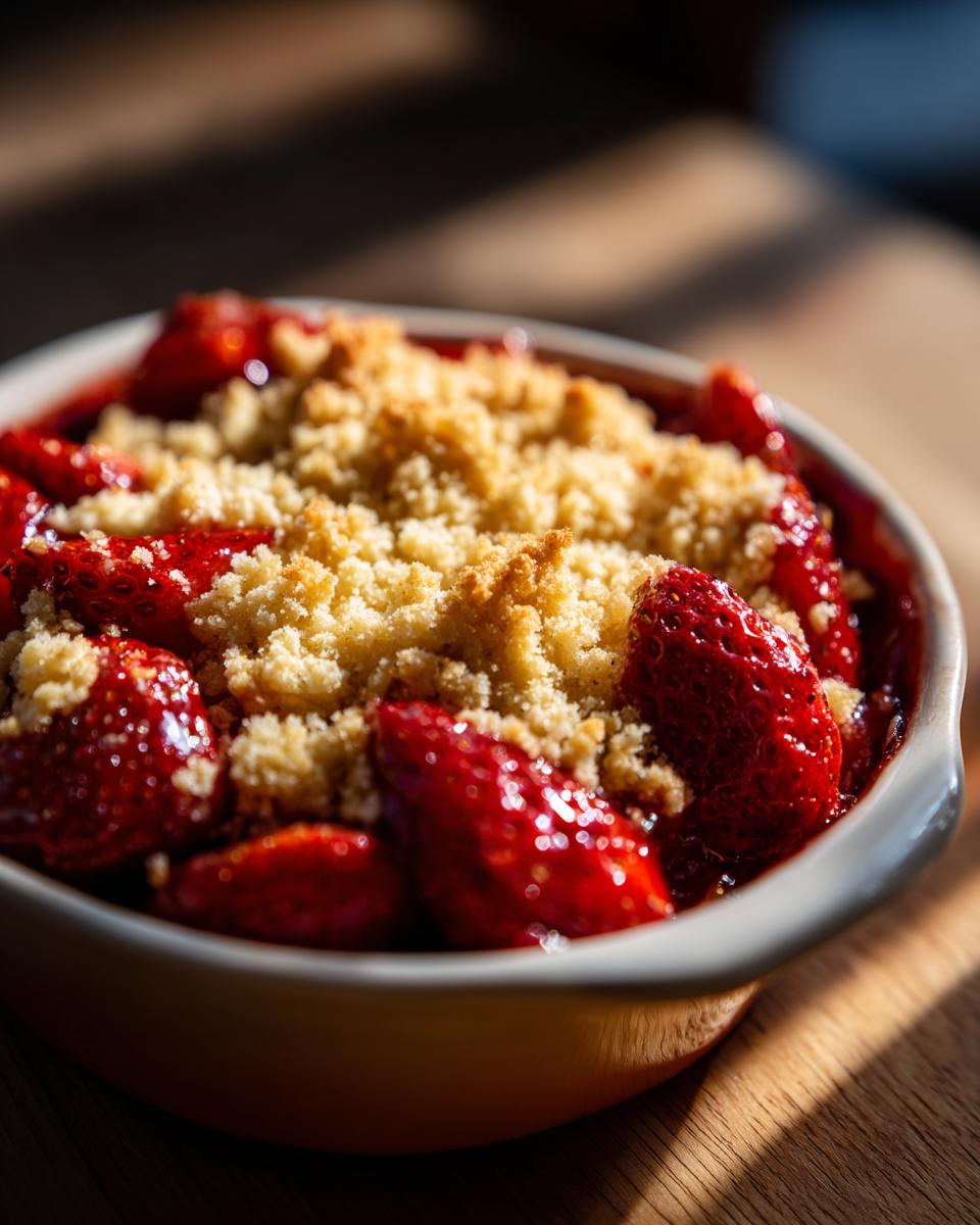 Nahaufnahme eines kleinen Auflaufförmchens mit leuchtend roten Erdbeeren und knusprigem Streuselbelag: Strawberry Cheesecake Crumble.