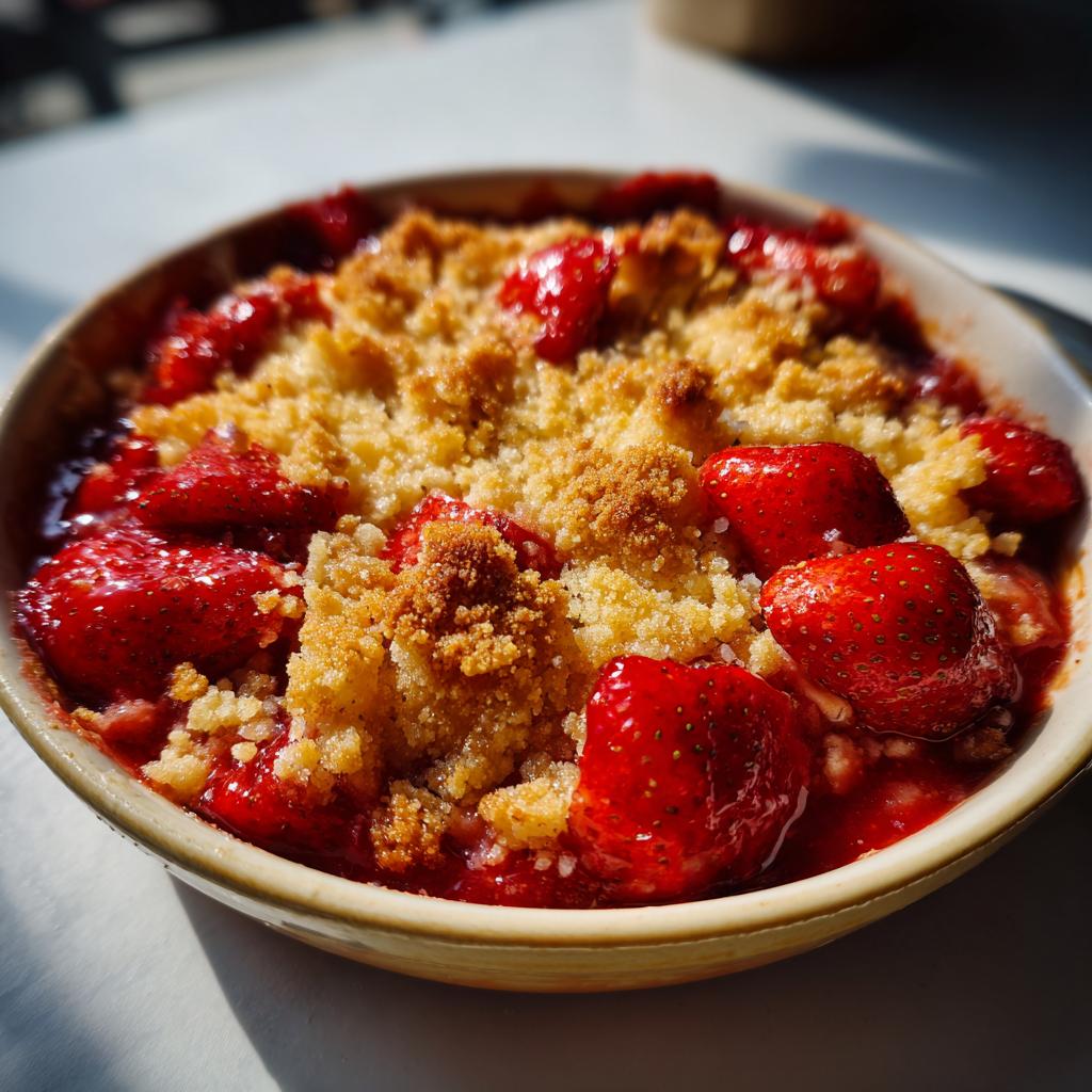 Nahaufnahme eines gebackenen Strawberry Cheesecake Crumble mit leuchtend roten Erdbeeren und knuspriger Streuseldecke.