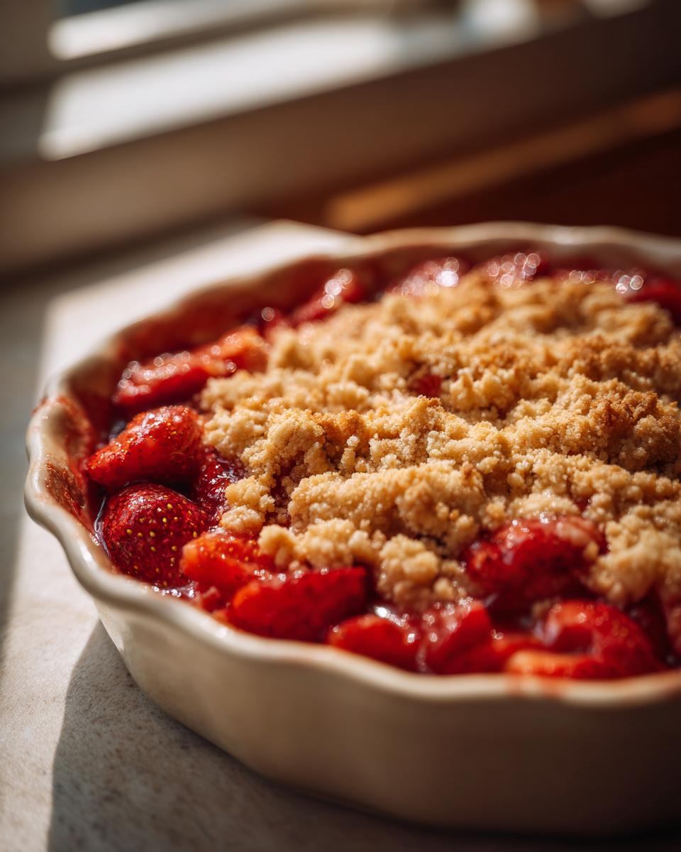 Nahaufnahme eines frisch gebackenen Strawberry Cheesecake Crumble mit goldbrauner Streuseldecke und leuchtend roten Erdbeeren.