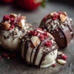Nahaufnahme von drei dekorierten Strawberry Chocolate Clusters, überzogen mit weißer und dunkler Schokolade und Topping.
