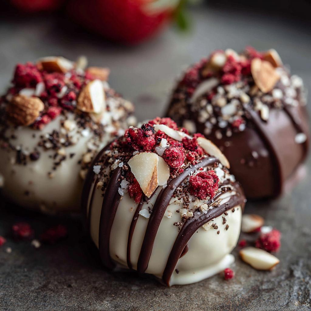 Nahaufnahme von drei dekorierten Strawberry Chocolate Clusters, überzogen mit weißer und dunkler Schokolade und Topping.