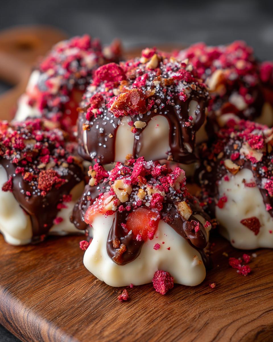 Nahaufnahme von Strawberry Chocolate Clusters, überzogen mit weißer und dunkler Schokolade und bestreut mit gefriergetrockneten Himbeeren.