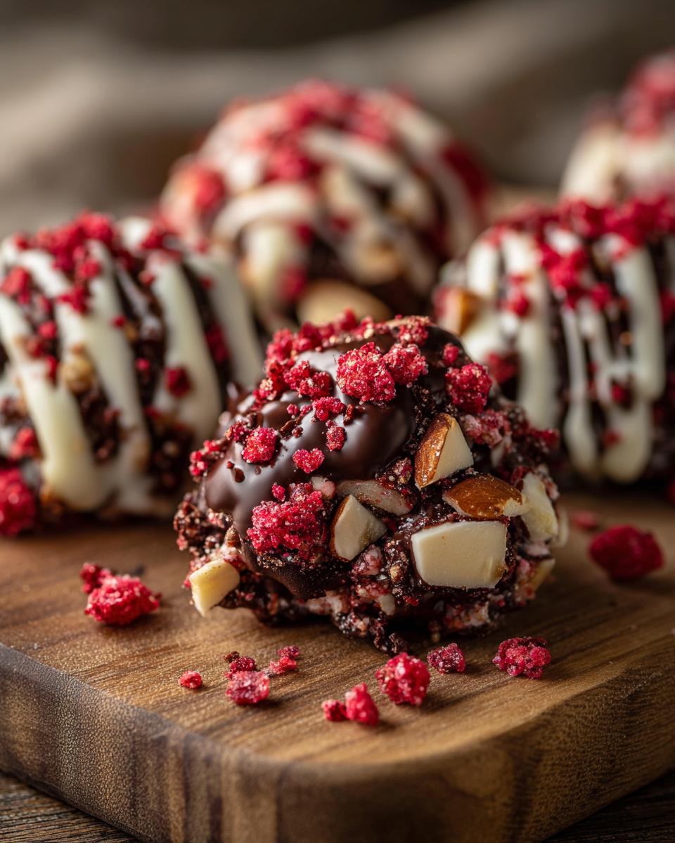Nahaufnahme eines Strawberry Chocolate Clusters, überzogen mit dunkler Schokolade, Mandelsplittern und gefriergetrockneten Himbeeren.