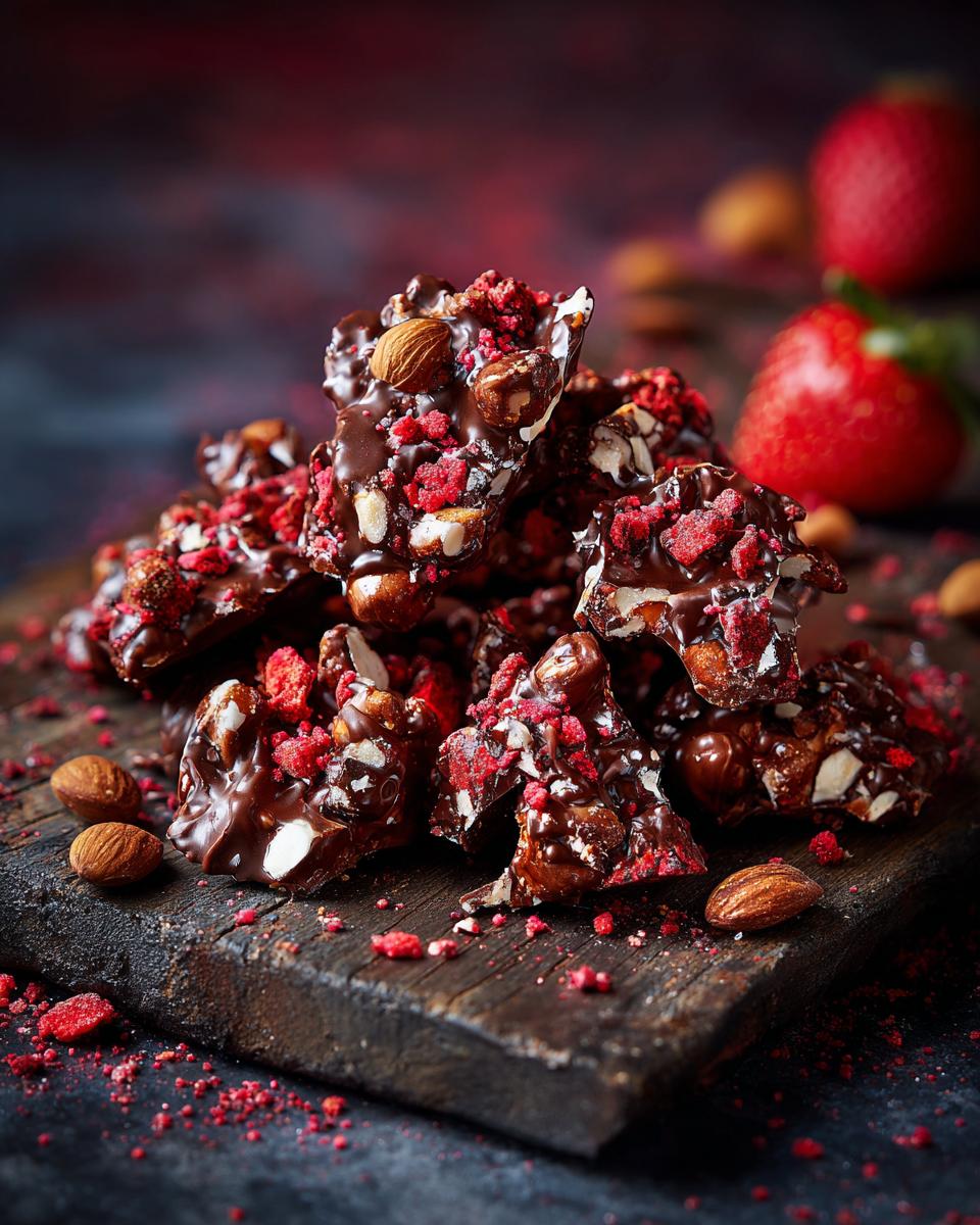 Haufen von knackigen Strawberry Chocolate Clusters mit Mandeln und gefriergetrockneten Erdbeeren auf dunklem Holz.