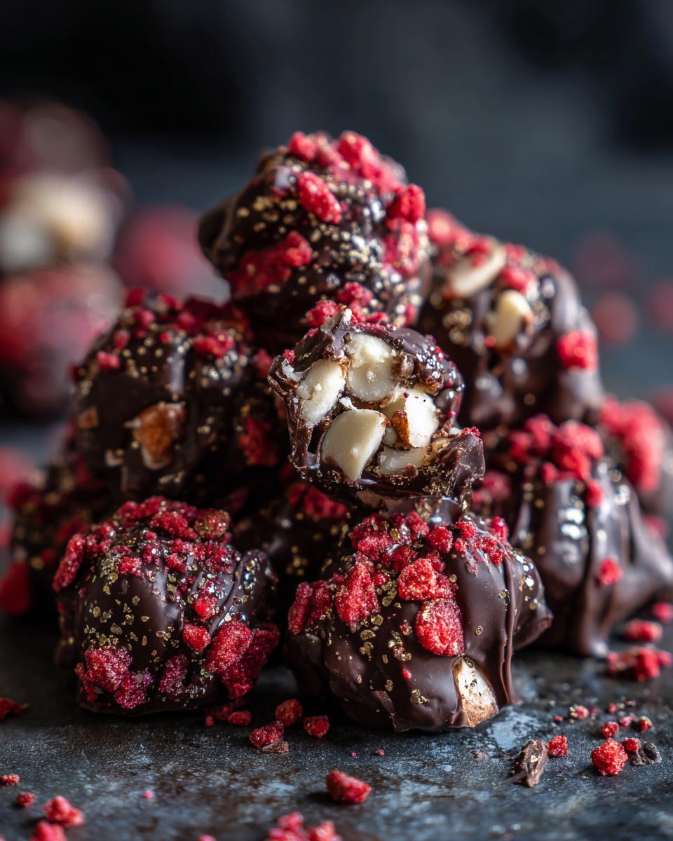Ein Haufen selbstgemachter Strawberry Chocolate Clusters, überzogen mit dunkler Schokolade, gefriergetrockneten Erdbeeren und Nüssen.