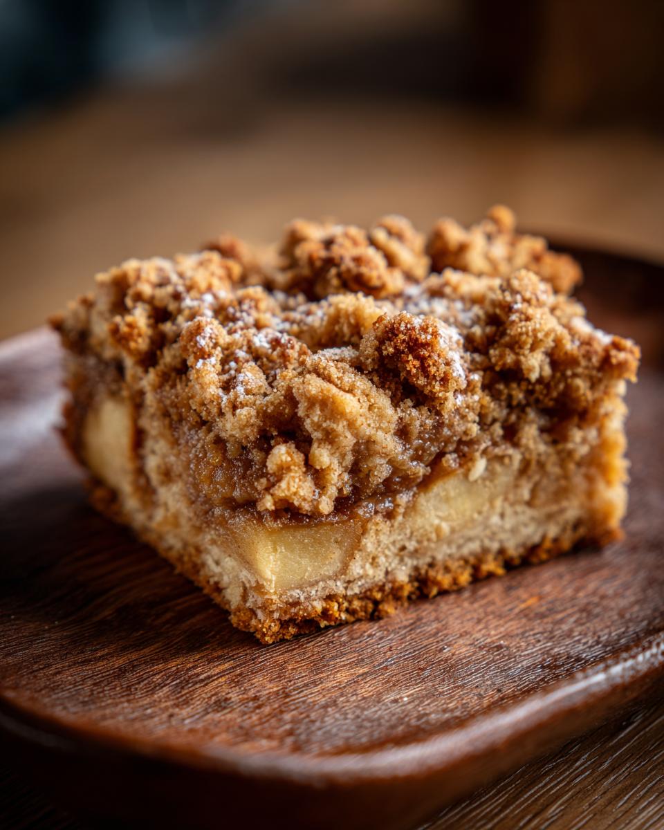 Nahaufnahme eines saftigen Stücks Apfel-Zimt-Crumble Bars mit knuspriger Streuseldecke auf einem dunklen Holzbrett.