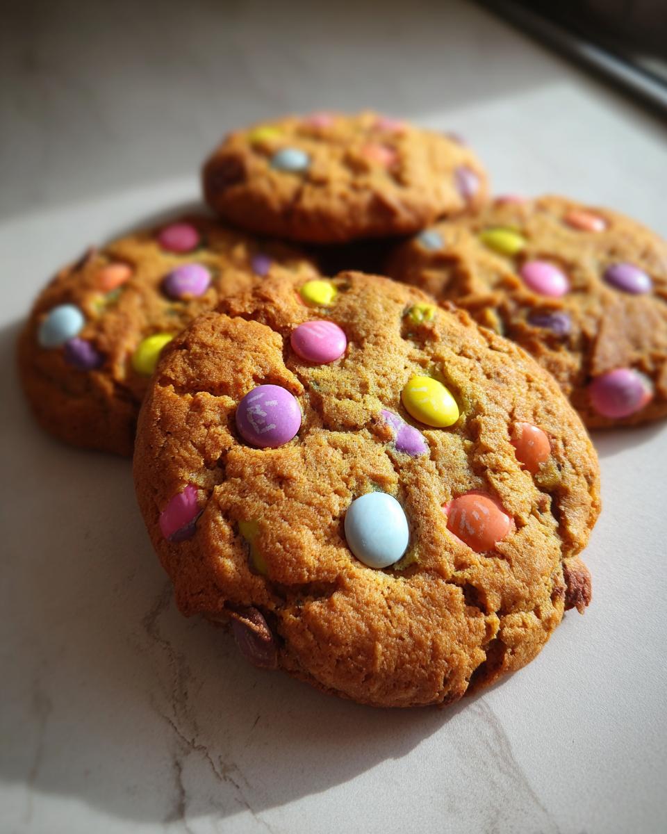 Nahaufnahme von vier frisch gebackenen, weichen Smarties Cookies mit bunten Schokolinsen auf heller Marmoroberfläche.
