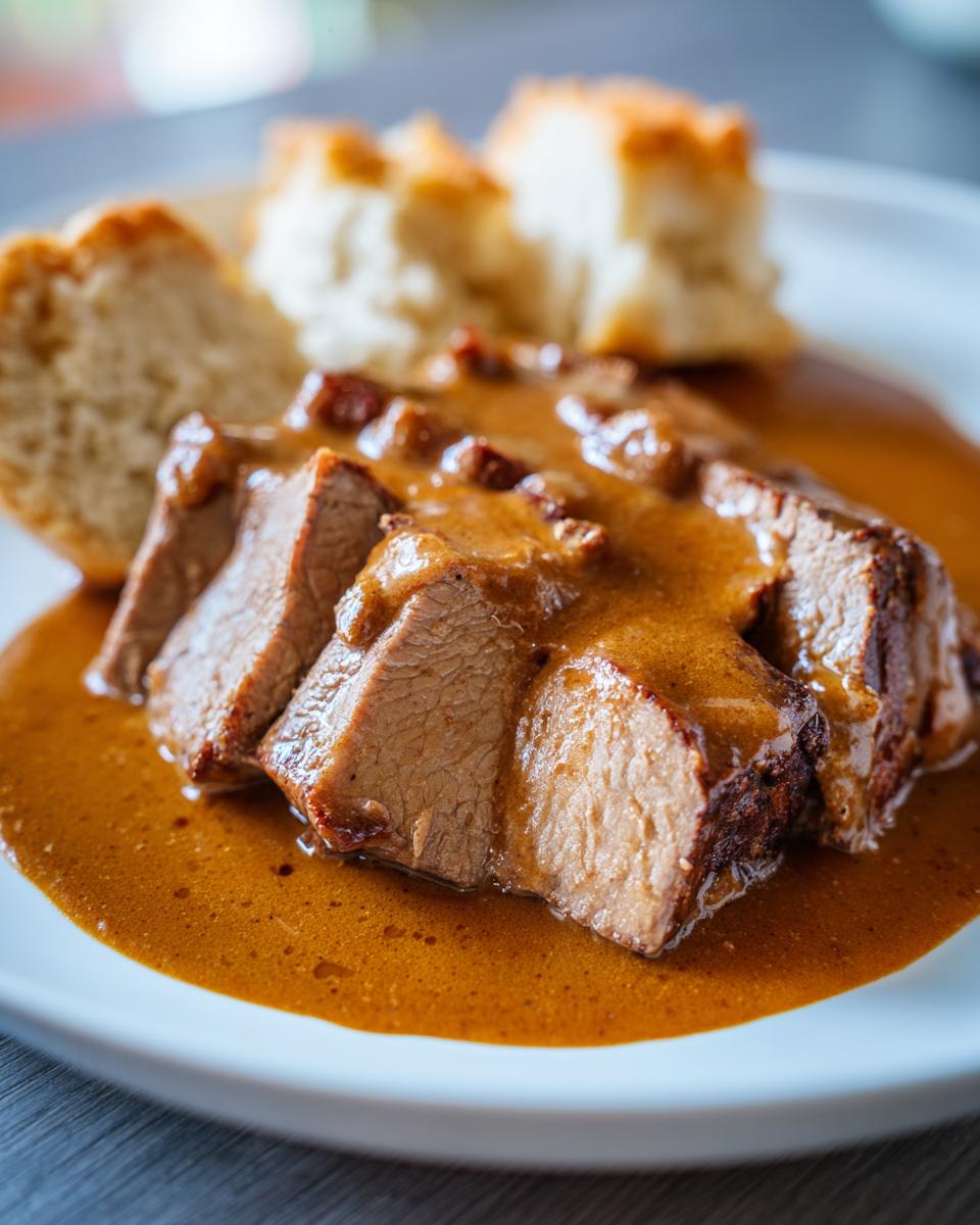Drei Scheiben zartes Rindfleisch übergossen mit cremiger Wurzelrahmsauce, dazu Serviettenknödel.