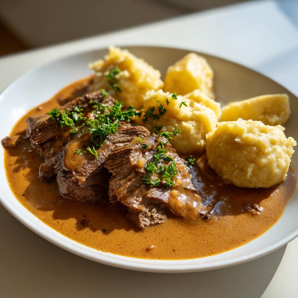 Zarte Scheiben Rindfleisch in cremiger Wurzelrahmsauce, serviert mit Kartoffelknödeln, das ist Svíčková.