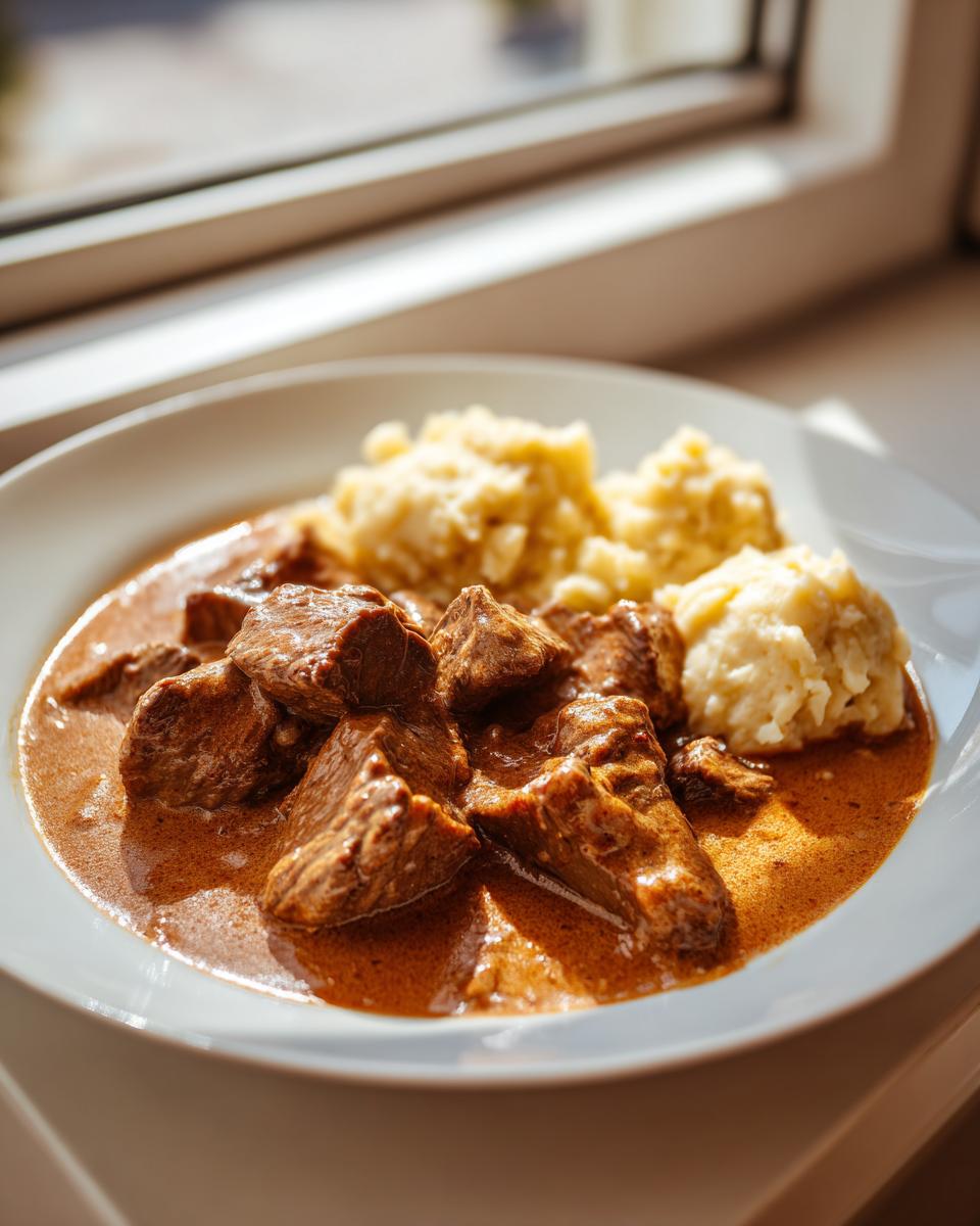 Nahaufnahme von Svíčková – Rindfleisch in Wurzelrahmsauce mit Knödeln, angerichtet auf einem weißen Teller.