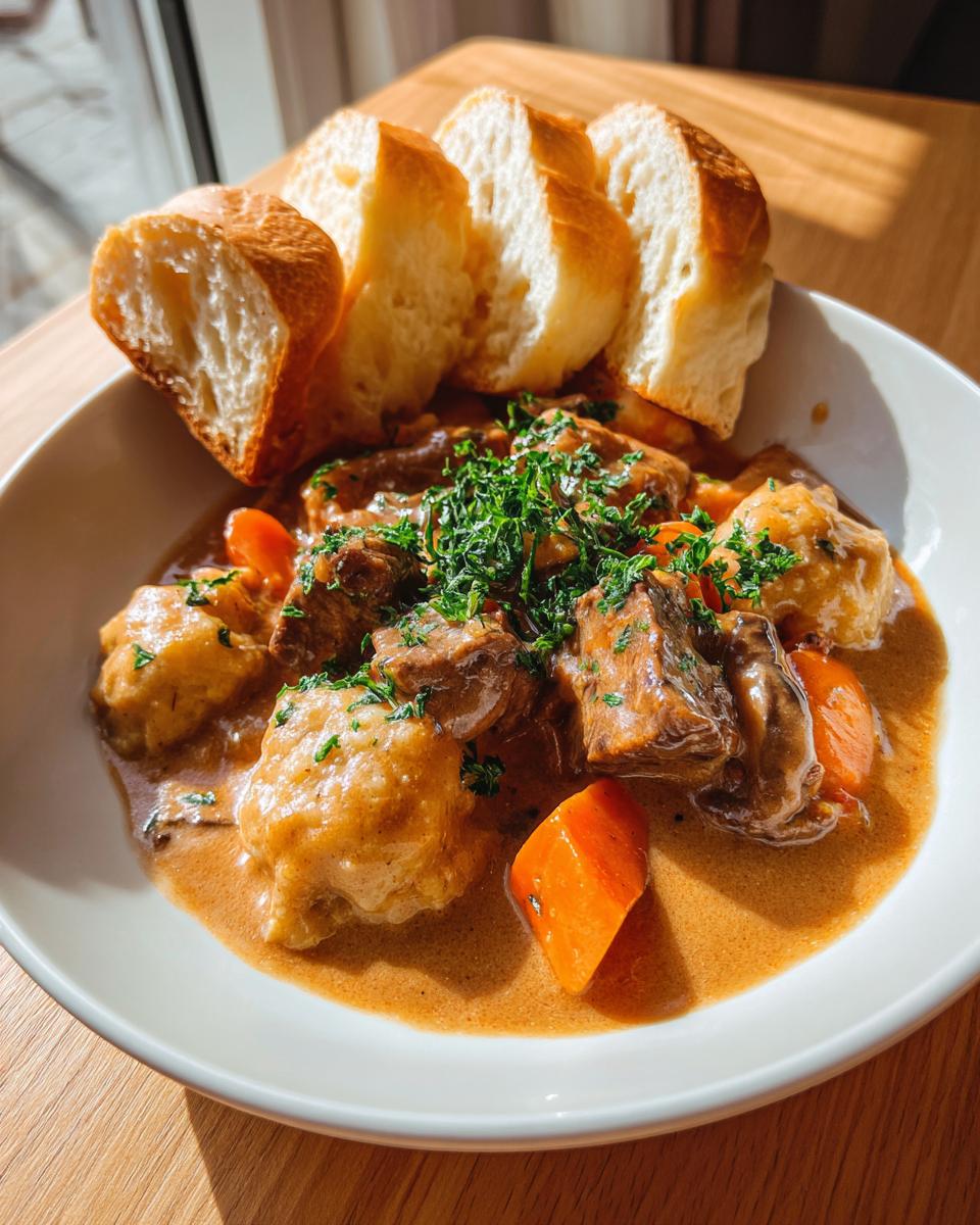 Teller mit Svíčková – Rindfleisch in Wurzelrahmsauce mit Knödeln, garniert mit Petersilie und Brot.