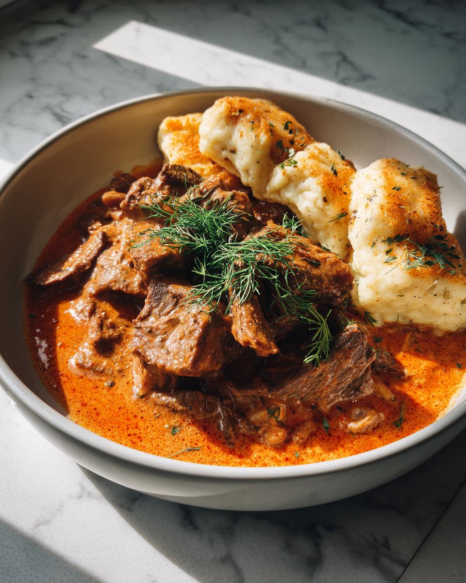 Nahaufnahme von Svíčková – Rindfleisch in Wurzelrahmsauce mit fluffigen Knödeln, garniert mit frischem Dill.
