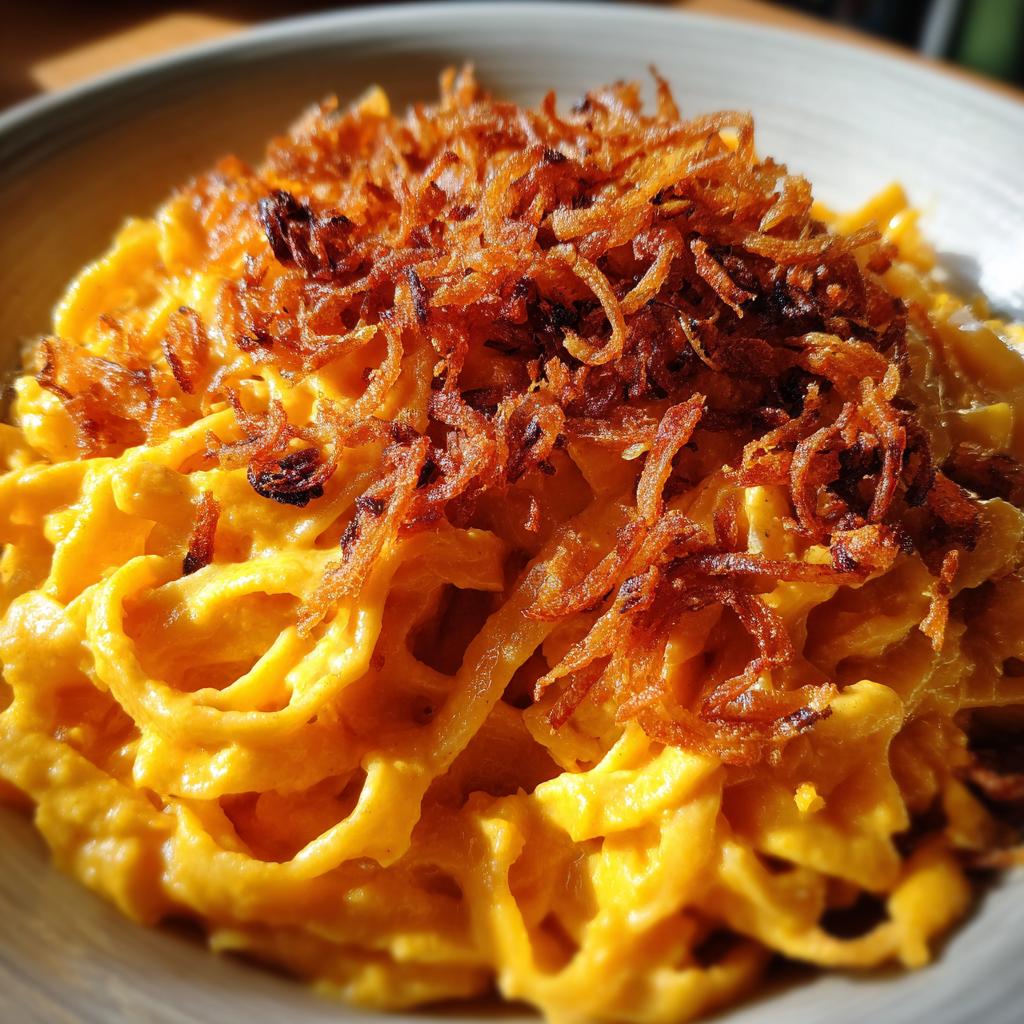 Nahaufnahme von Tagliatelle in cremiger Kürbis-Rahm-Soße, garniert mit knusprigen Röstzwiebeln.
