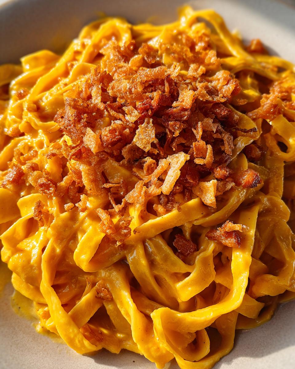 Nahaufnahme von Tagliatelle in cremiger Kürbis-Rahm-Sauce, bestreut mit knusprigen Röstzwiebeln.