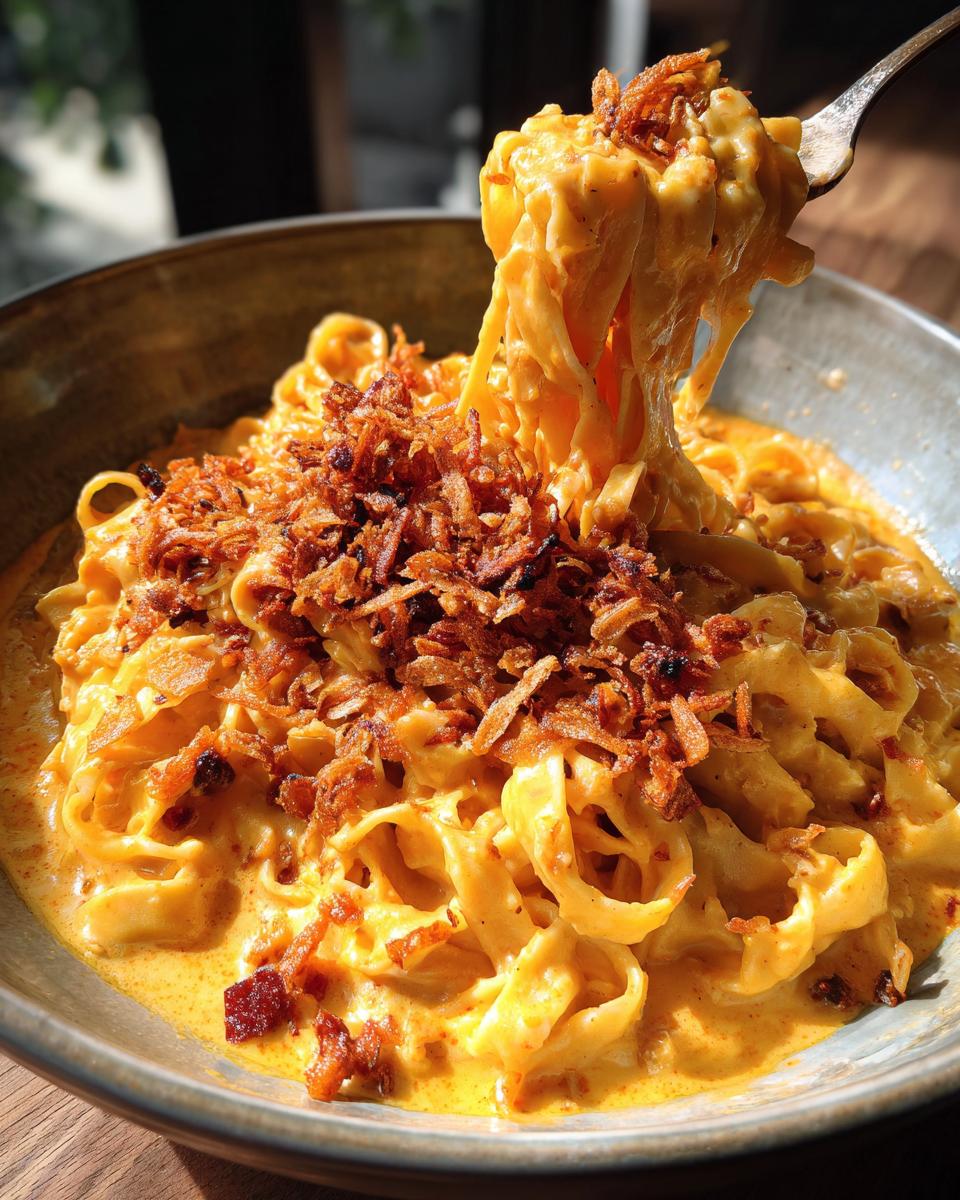 Eine Gabel hebt cremige Tagliatelle in Kürbis-Rahm-Sauce mit knusprigen Röstzwiebeln.