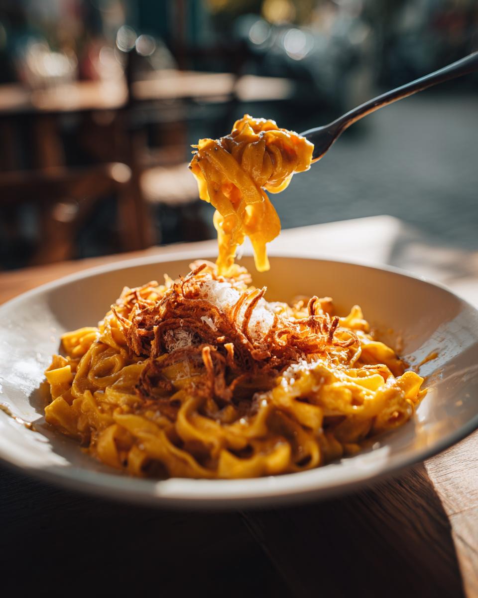 Eine Gabel hebt cremige Tagliatelle in Kürbis-Rahm-Soße mit knusprigen Röstzwiebeln und etwas Parmesan.