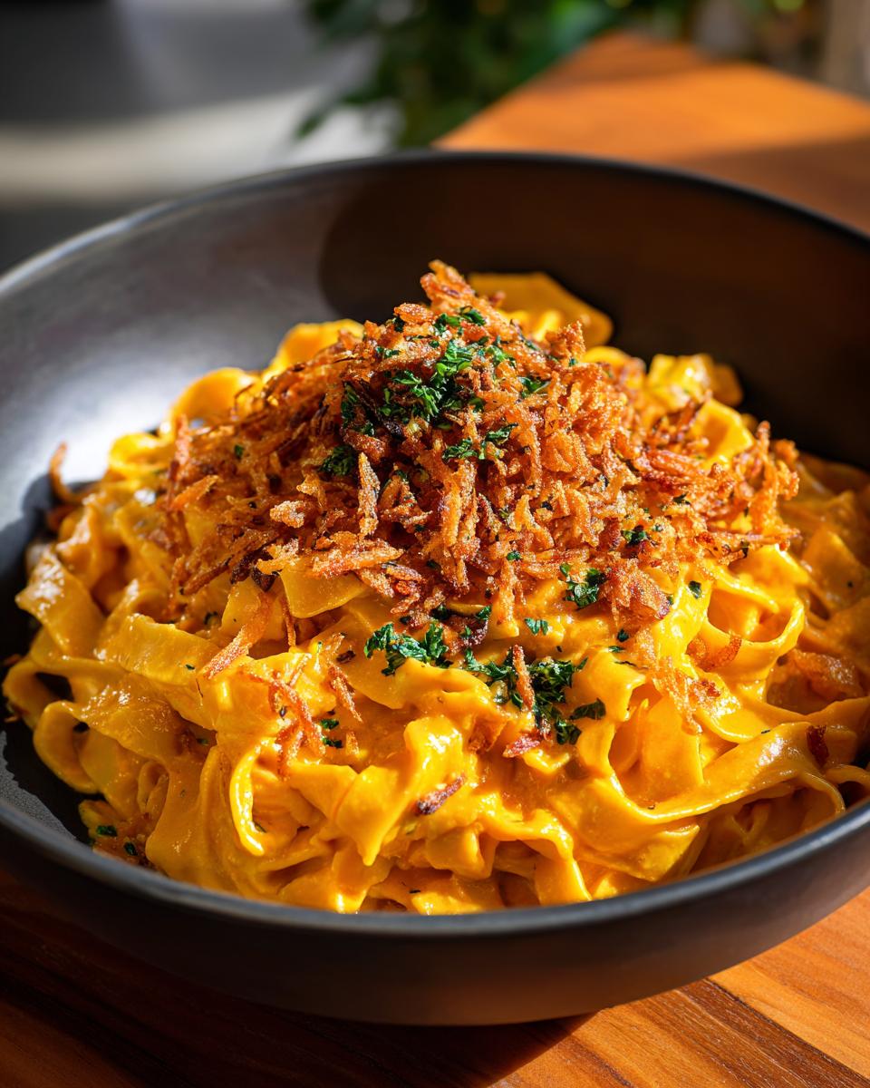 Eine Schüssel Tagliatelle in cremiger Kürbis-Rahm-Sauce, garniert mit knusprigen Röstzwiebeln und Petersilie.
