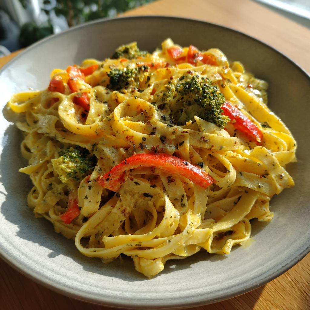 Eine Schüssel mit Tagliatelle in cremiger Weißwein-Kräuter-Sauce, garniert mit Brokkoli und roten Paprikastreifen.