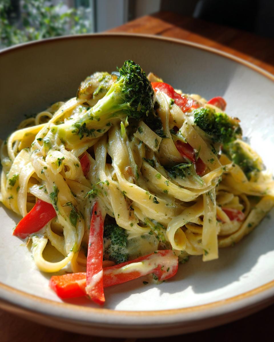 Eine Schüssel cremiger Tagliatelle in Weißwein-Kräuter-Sauce mit frischem Brokkoli und roten Paprikastreifen.