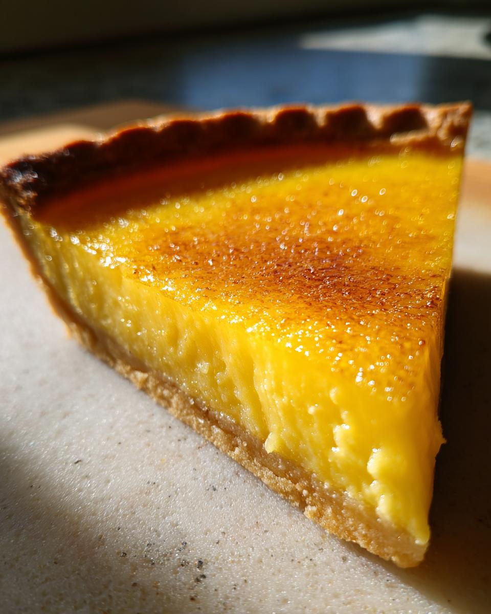 Nahaufnahme eines cremigen Stücks Tarte au Citron mit goldgelber Füllung und leicht karamellisierter Oberfläche.