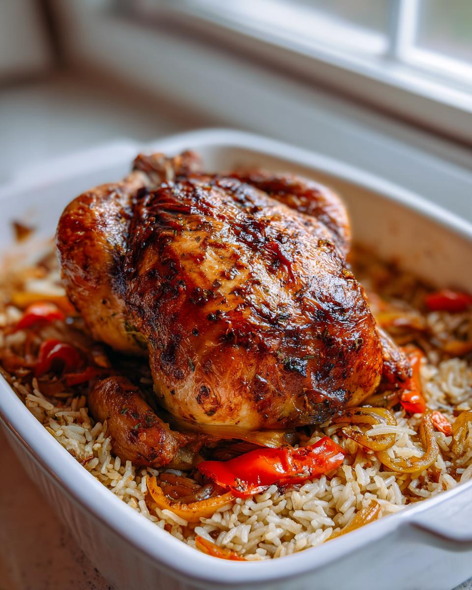 Ein saftiges, goldbraun gebratenes Tavuk Kapama (Ofenhähnchen mit Reis) in einer weißen Auflaufform.