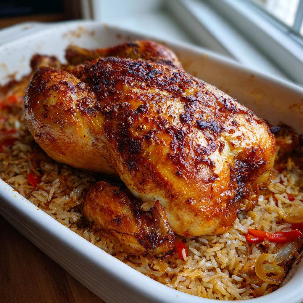 Ein ganzes, knusprig gebratenes Huhn ruht auf einem Bett aus gewürztem Reis in einer weißen Auflaufform – das fertige Tavuk Kapama.
