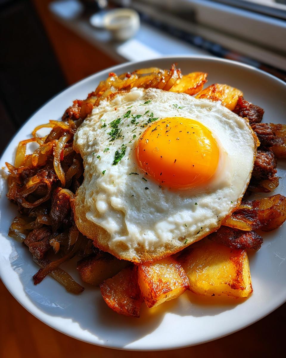Nahaufnahme eines frisch zubereiteten Tiroler Gröstl mit Spiegelei, Kartoffeln und karamellisierten Zwiebeln.
