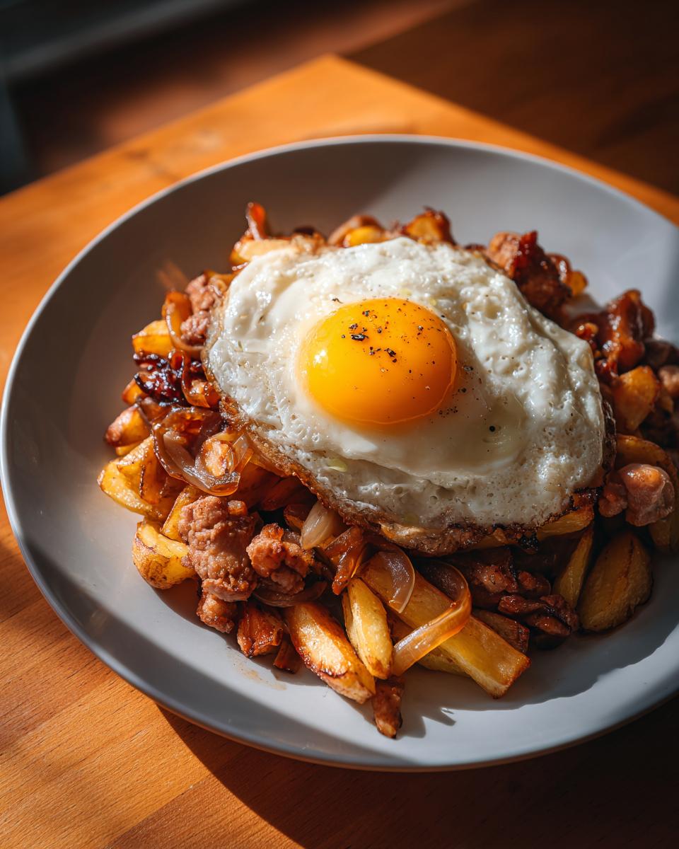 Ein Teller mit goldbraunem Tiroler Gröstl mit Spiegelei, Kartoffeln und karamellisierten Zwiebeln, schön angerichtet und sonnenbeschienen.