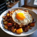 Nahaufnahme von einem Teller Tiroler Gröstl mit knusprigen Kartoffeln, Zwiebeln und einem perfekt gebratenen Spiegelei.