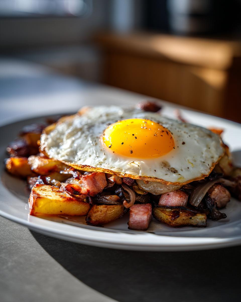 Nahaufnahme von einem Teller mit herzhaftem Tiroler Gröstl mit Spiegelei und Speckwürfeln.