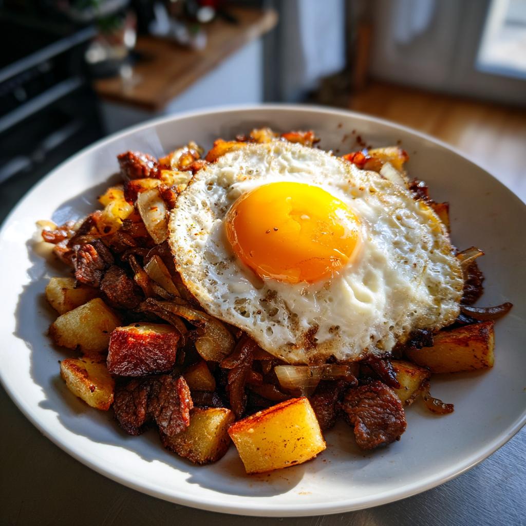 Nahaufnahme von einem Teller Tiroler Gröstl mit knusprigen Kartoffeln, Zwiebeln und einem perfekt gebratenen Spiegelei.