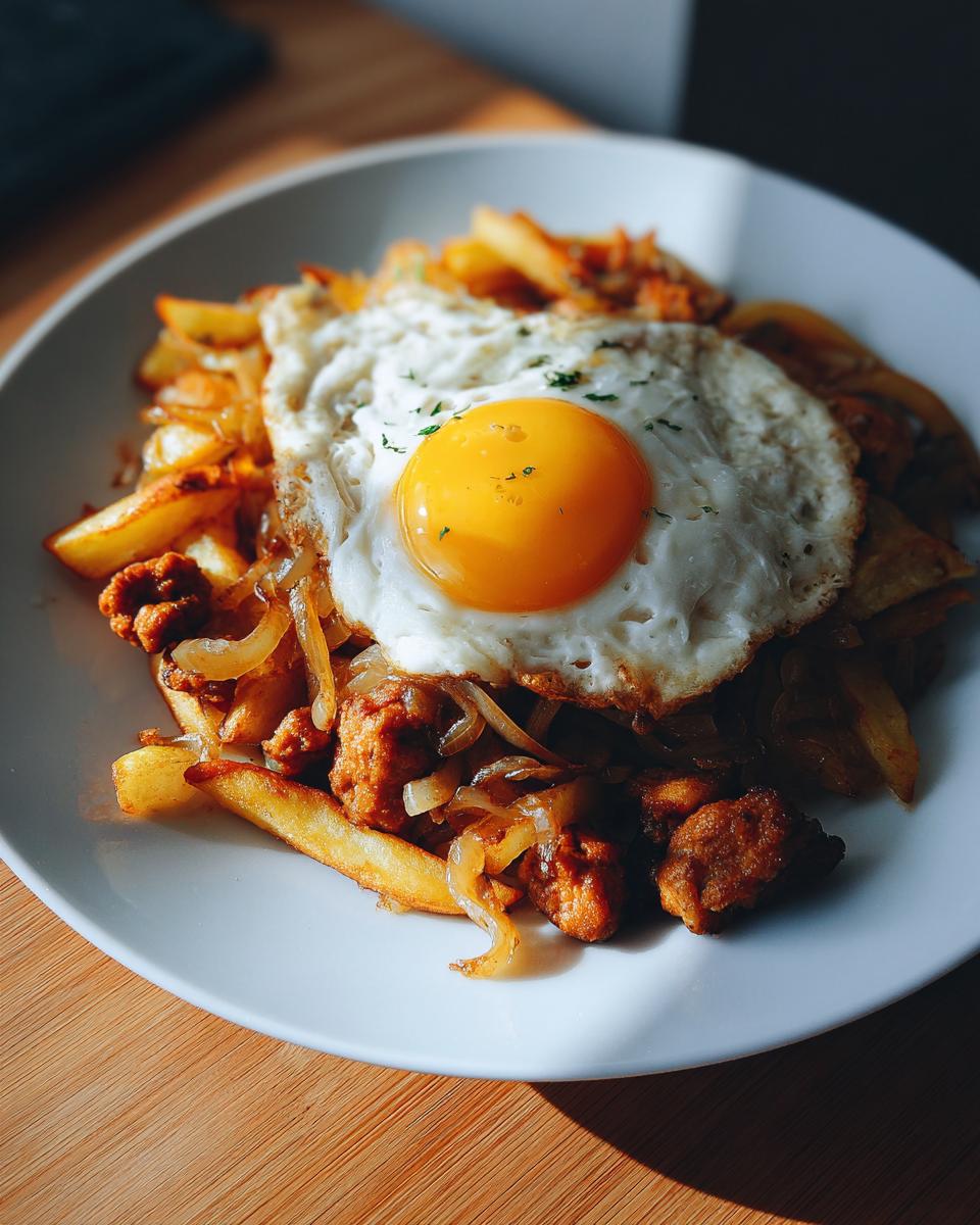 Nahaufnahme von einem Teller Tiroler Gröstl mit Spiegelei, Kartoffeln und karamellisierten Zwiebeln.