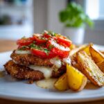 Ein saftiges Tomaten-Mozzarella-Schnitzel mit geschmolzenem Käse, belegt mit frischen Tomatenscheiben und Kräutern, daneben goldbraune Ofenkartoffeln.