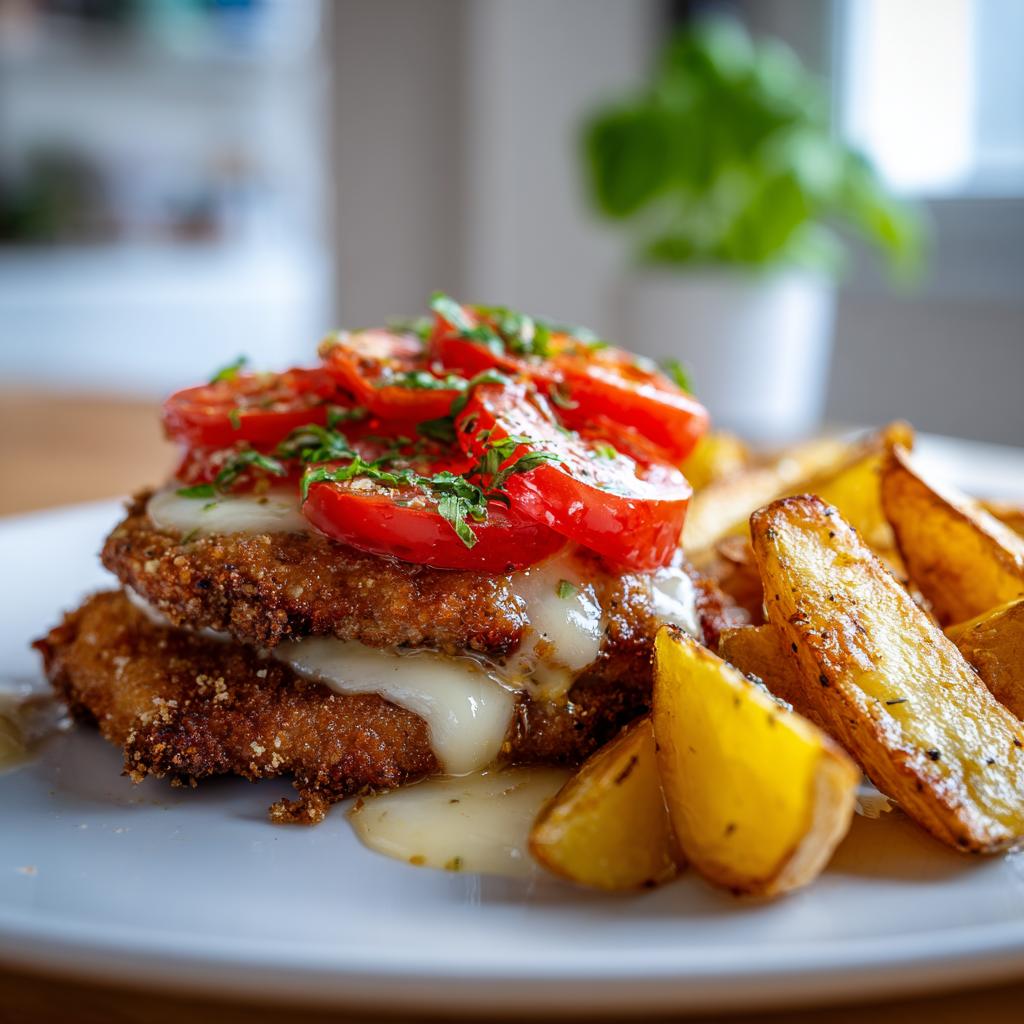 Ein saftiges Tomaten-Mozzarella-Schnitzel mit geschmolzenem Käse, belegt mit frischen Tomatenscheiben und Kräutern, daneben goldbraune Ofenkartoffeln.